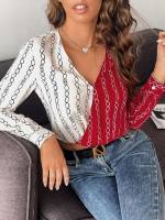 Multicolor Crop V neck Women Tops, Blouses  Tee 5822