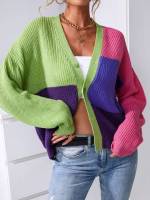 Button Front V neck Multicolor Women Cardigans 1452