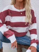 Ripped Round Neck Regular Striped Women Clothing 379