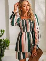 Shirred Multicolor Square Neck Elegant Women Dresses 3770