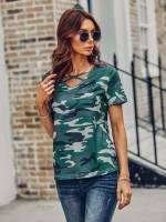 Criss Cross Multicolor Casual Short Sleeve Women Clothing 389