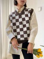 Multicolor Regular Plaid Women Sweater Vests 5012