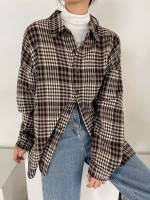 Long Collar Plaid Button Front Women Blouses 5483