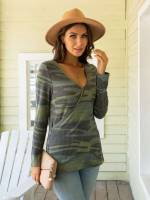 Camo V neck Multicolor Women Clothing 780