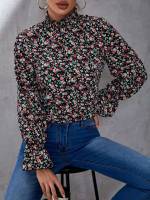 Stand Collar Boho Ditsy Floral Women Tops, Blouses  Tee 5669