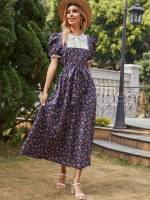 Short Sleeve Long Peter Pan Collar Ditsy Floral Women Dresses 7270