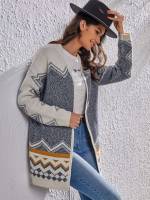 Colorblock Casual Round Neck Short Women Cardigans 6945