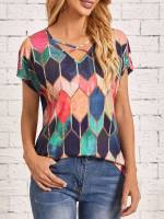 Regular Fit V neck Geometric Women T-Shirts 2697