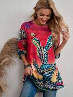  Floral High Low Round Neck Women T-Shirts 1193