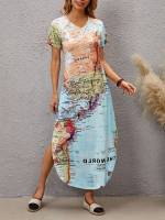 Long Graphic V neck Short Sleeve Women Dresses 5384