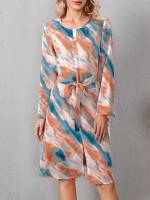 Long Sleeve Belted Knee Length Tie Dye Women Clothing 697