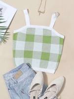 Gingham Straps Sleeveless Crop Women Knit Tops 293