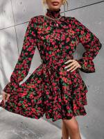  Stand Collar Floral Women Dresses 4928