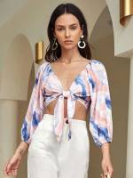 Tie Dye Three Quarter Length Sleeve Crop Women Tops 4051