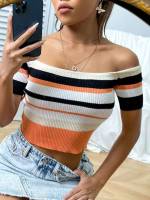  Off the Shoulder Multicolor Striped Women Clothing 3480