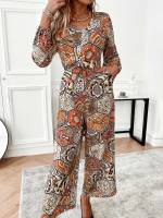 Multicolor V neck Long Sleeve Long Women Jumpsuits 6706