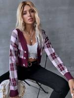 Plaid Casual Multicolor Long Sleeve Women Cardigans 8858