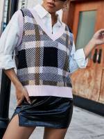  Plaid V neck Regular Fit Women Sweater Vests 9380