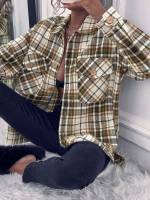 Plaid Pocket Long Sleeve Short Women Coats 7517