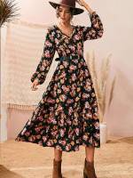 Floral Multicolor Long Tie Neck Women Clothing 3460