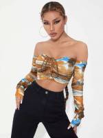 All Over Print Off the Shoulder Slim Fit Multicolor Women Clothing 4417