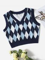 Slim Fit Multicolor V neck Geometric Women Clothing 4915