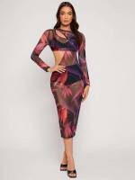 Asymmetrical Neck Floral Long Sleeve Slim Fit Women Dresses 5228