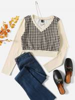 Houndstooth Long Sleeve Casual Women T-Shirts 556