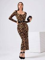 Long Sleeve Leopard Slim Fit Long Women Dresses 882