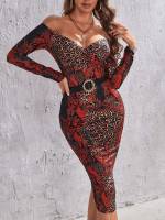 Long Sleeve Leopard Wrap Women Dresses 6340
