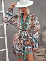 Short Multicolor V neck Long Sleeve Women Dresses 2455