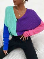 Oversized Short V neck Colorblock Women Cardigans 3022