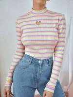 Stand Collar Striped Casual Long Sleeve Women T-Shirts 490