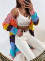 Multicolor Long Sleeve Knee Length Rib-Knit Women Cardigans 7101