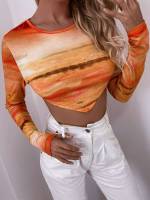 Multicolor Long Sleeve Sexy Tie Dye Women T-Shirts 9015