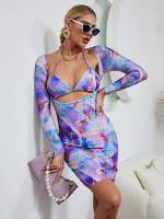 Long Sleeve Sexy Halter Tie Back Women Two-piece Outfits 9889