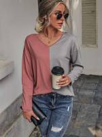  Multicolor Colorblock Long Sleeve Women Tops, Blouses  Tee 160