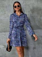 Belted Paisley Long Sleeve Collar Women Clothing 5004