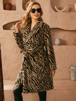 Long Sleeve Zebra Stripe Casual Belted Women Faux Fur Coats 4688