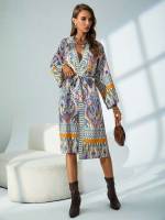 Long Sleeve Graphic Belted Women Clothing 4294