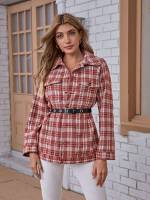 Regular Fit Long Sleeve Button Front Plaid Women Overcoats 142