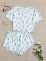 Round Neck Animal Short Sleeve Women Pajama Sets 9074