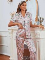  Floral Pocket Lapel Women Sleep  Lounge 7631