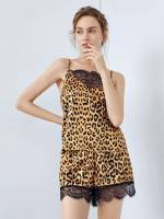 Sleeveless Elegant Spaghetti Strap Leopard Women Sleep  Lounge 362