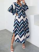 Chevron V neck Multicolor Long Plus Size Dresses 2285