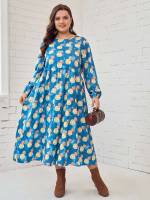 Round Neck All Over Print Long Sleeve Plus Size Dresses 34