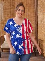 Casual Flag Scoop Neck Plus Size T-shirts 1507