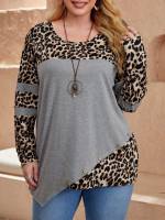 Long Sleeve Scoop Neck Regular Fit Colorblock Plus Size T-shirts 5936