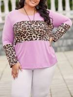 Multicolor Round Neck Regular Fit Leopard Plus Size Tops 5116