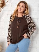 Leopard Regular Fit Long Sleeve Round Neck Plus Size T-shirts 9175